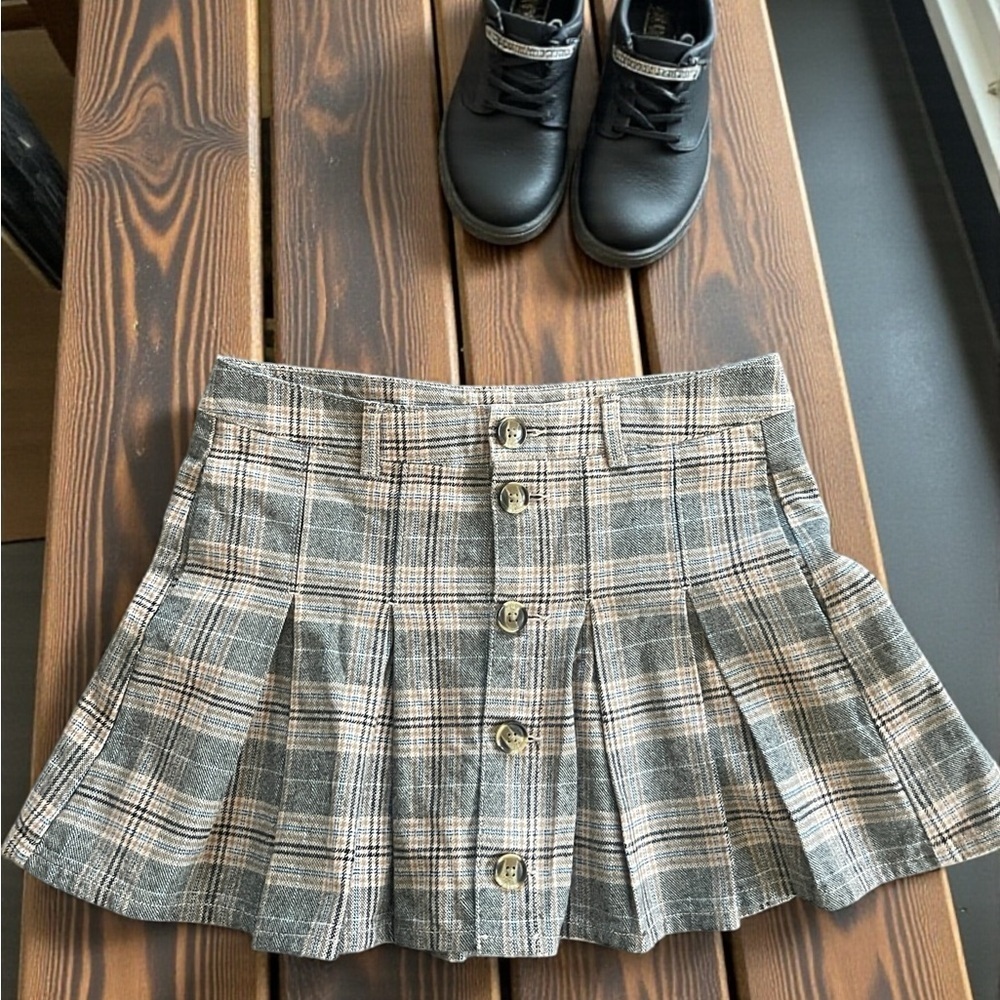 American Eagle Plaid Pleated Mini Skirt Size 2 Gray Brown Preppy Y2K Fall - Picture 9 of 9